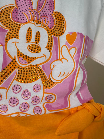 Conjunto Infantil Blusa Minnie Love e Shorts Saia Laranja Com Sobreposição - Animê