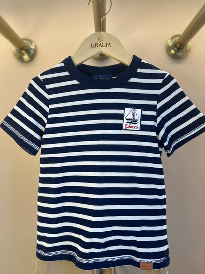 Conjunto T-Shirt Listrada e Bermuda Bege - Youccie