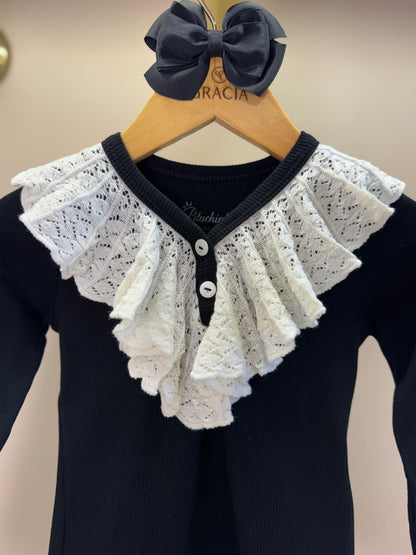 Blusa Algodão Tricot ML Jabô Botões Preta - Pituchinhus