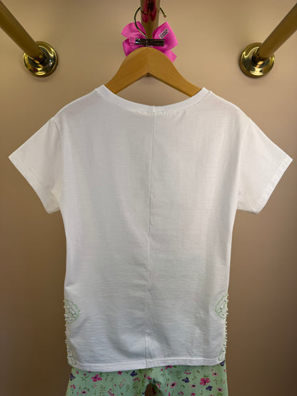 Conjunto Infantil Blusa Bordado Pérolas e Shorts Legging Verde Estampado - Petit Cherie