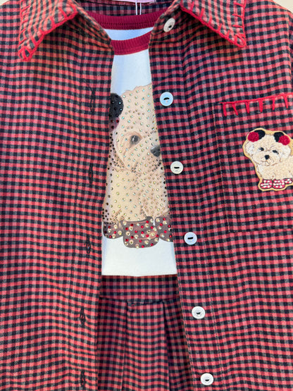 Conjunto Infantil Trio Xadrez Camisa Max Patche Cachorrinho, Blusa Cristais e Saia-shorts Pregas - Pituchinhus
