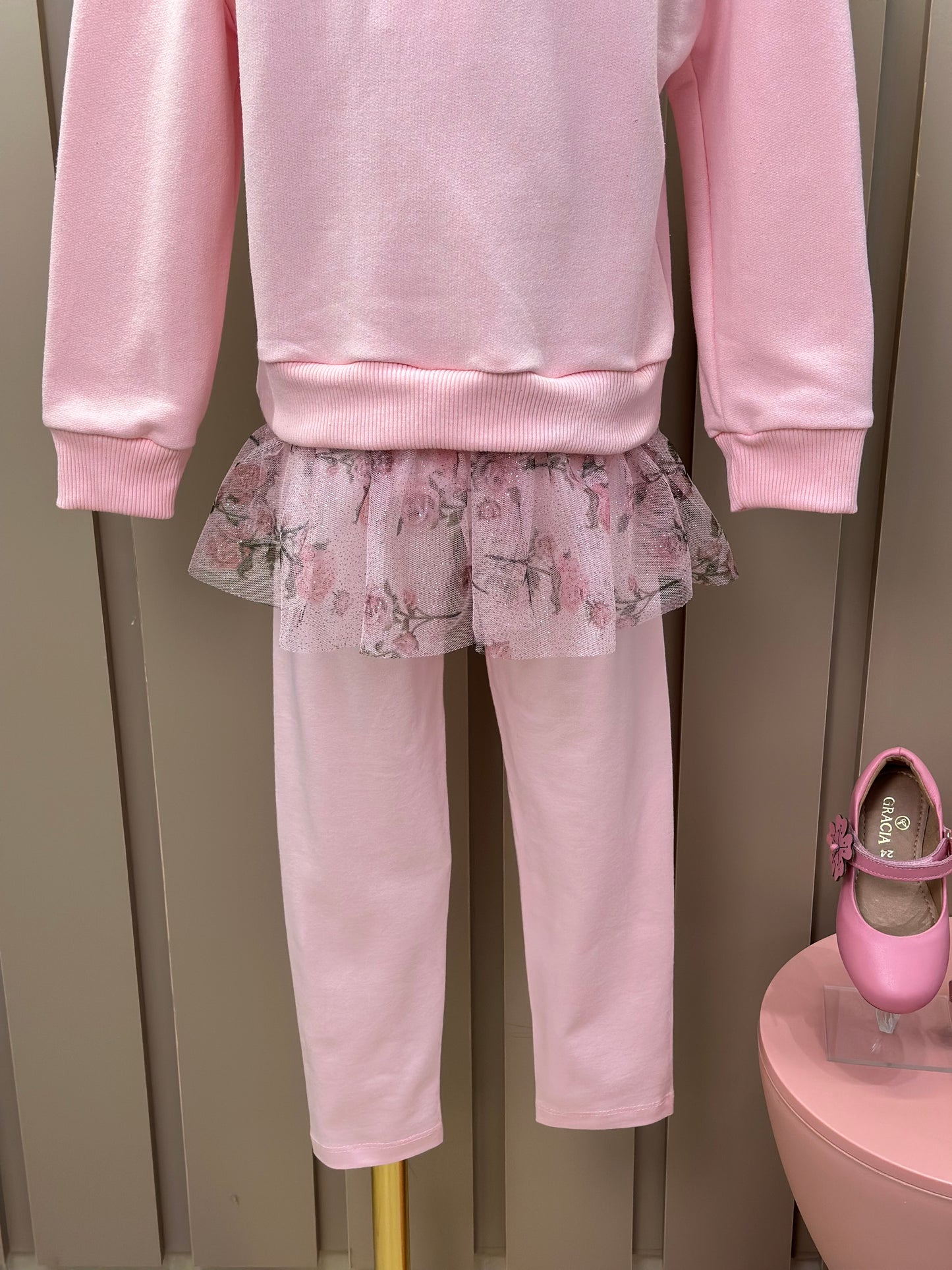Conjunto Infantil Blusa Moletom Babado Tule Floral Glitter e Calça Legging Cotton Rosa - Luluzinha