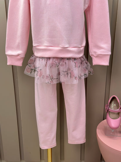 Conjunto Infantil Blusa Moletom Babado Tule Floral Glitter e Calça Legging Cotton Rosa - Luluzinha