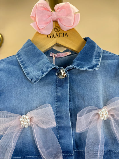 Vestido Infantil Tule Rosa Com Jaquetinha Jeans Laços - Gabriela Aquarela