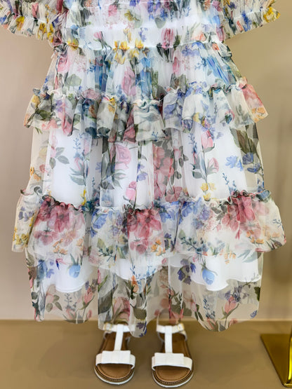Vestido Infantil Midi Tule Floral com Babados - Luluzinha PRÉ-VENDA