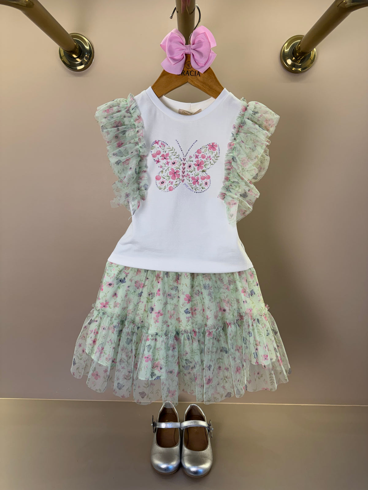 Conjunto Infantil Blusa Babados Tule e Saia Estampa Borboletinhas - Petit Cherie