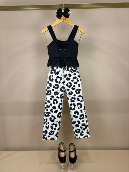 Conjunto Infantil Blusa Peplum Lacinho e Calça Sarja Animal Print P&B - Luluzinha