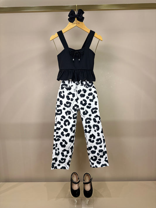 Conjunto Infantil Blusa Peplum Lacinho e Calça Sarja Animal Print P&B - Luluzinha PRÉ-VENDA