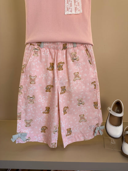 Conjunto Infantil Regata Com Laço de Renda e Calça Pantacourt Algodão Estampa Ursinhos - Pituchinhus