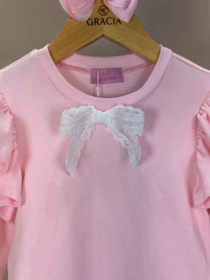 Conjunto Infantil ML Laço e Calça Wide Leg Lateral Glitter Rosa - Luluzinha