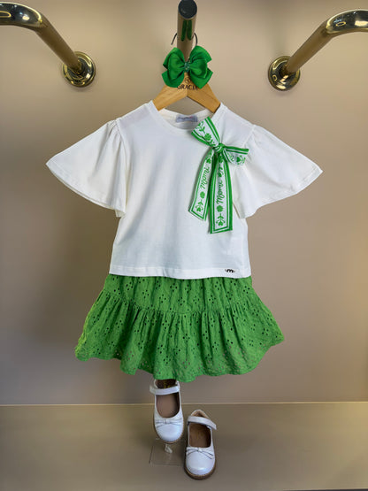 Conjunto Infantil Blusa Laço Estampado e Saia Bordado Verde - Momi
