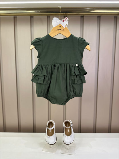 Romper Bebê Fofinho Tricoline Babados  Verde - Um Mais Um