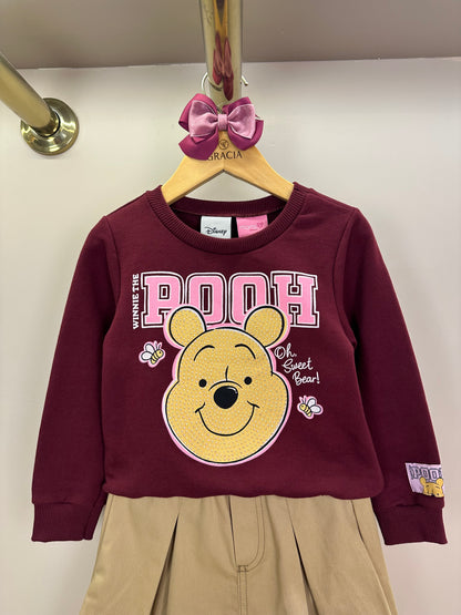 Conjunto Infantil Feminino Casaco Moletom Pooh Cranberry Juice com Saia Sarja de Pregas Bege Escuro Casual - Momi