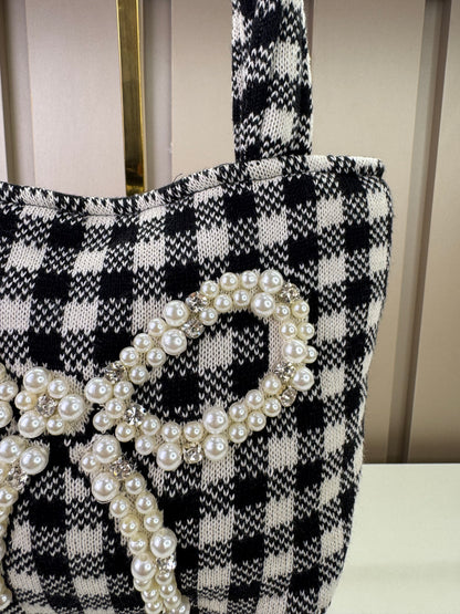 Bolsa Infantil Tricot Xadrez Laço Pérolas - Pituchinhus