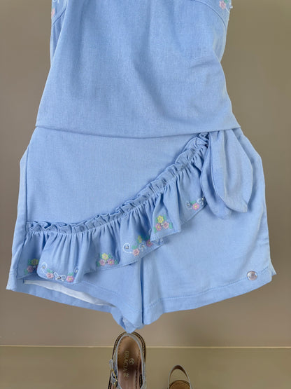 Conjunto Infantil Blusa Linho Bordada Flores e Shorts Bordado Flores - Petit Cherie