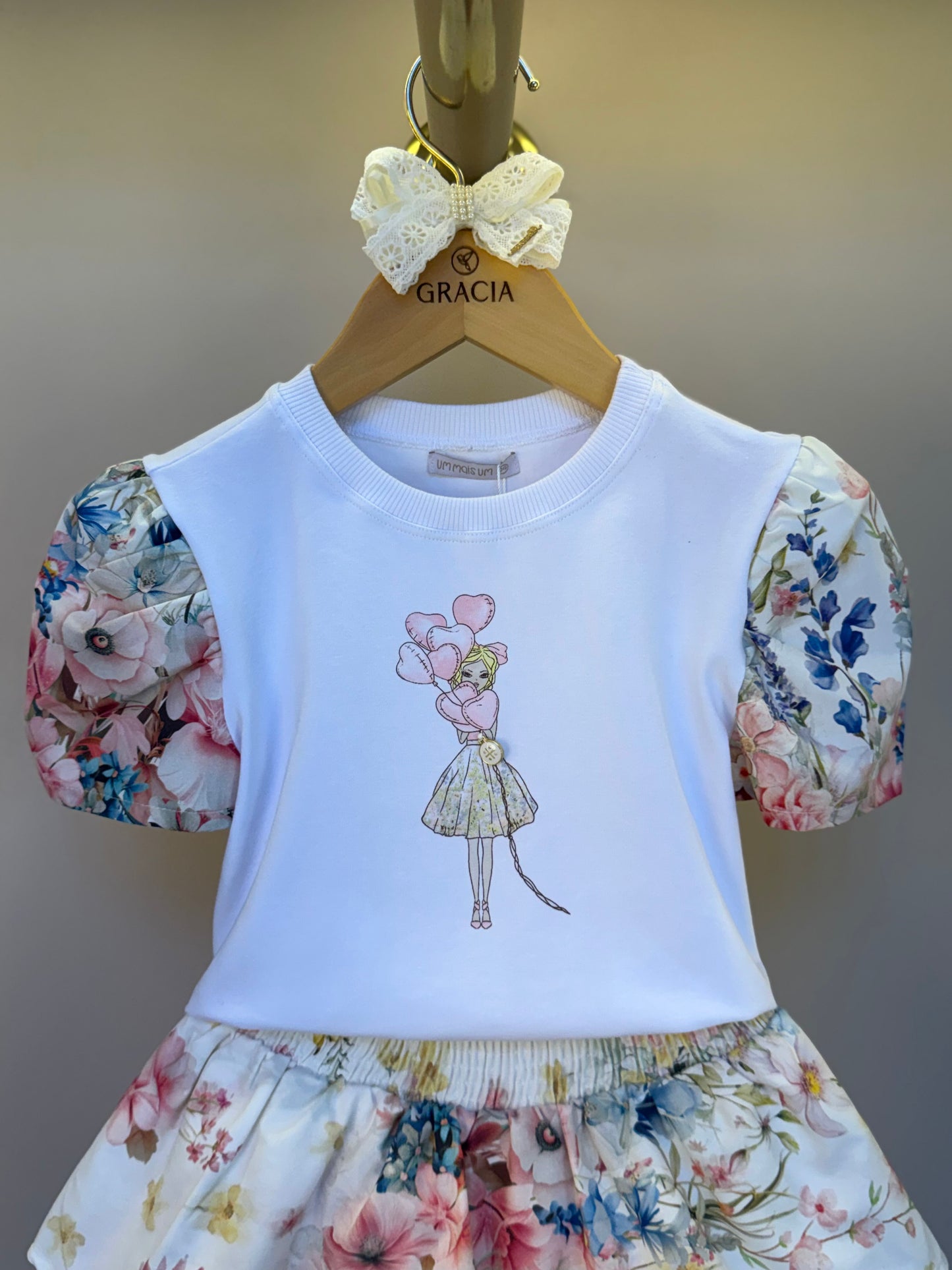 Conjunto Infantil Clássico Blusa Manga Floral e Saia Floral Candy - Um Mais Um