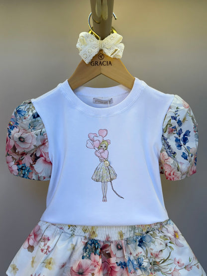 Conjunto Infantil Clássico Blusa Manga Floral e Saia Floral Candy - Um Mais Um