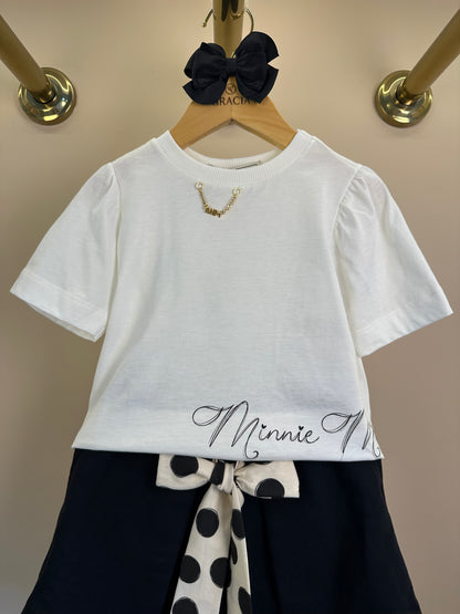 Conjunto Infantil T-Shirt Minnie Mouse Pingente e Shorts Saia Preto Laço Poá - Animê
