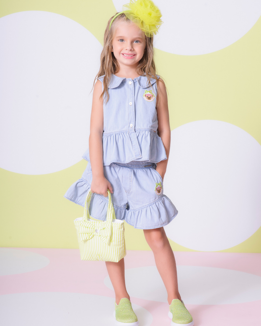 Conjunto Infantil Camisa Regata Jeans Fino Babado Patche e Short Jeans Fino Ursinha com Babado Patche - Pituchinhus