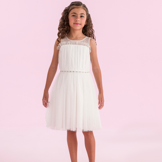 Vestido Infantil Tule Cinto Pérolas e Strass Off - Petit Cherie PRÉ-VENDA