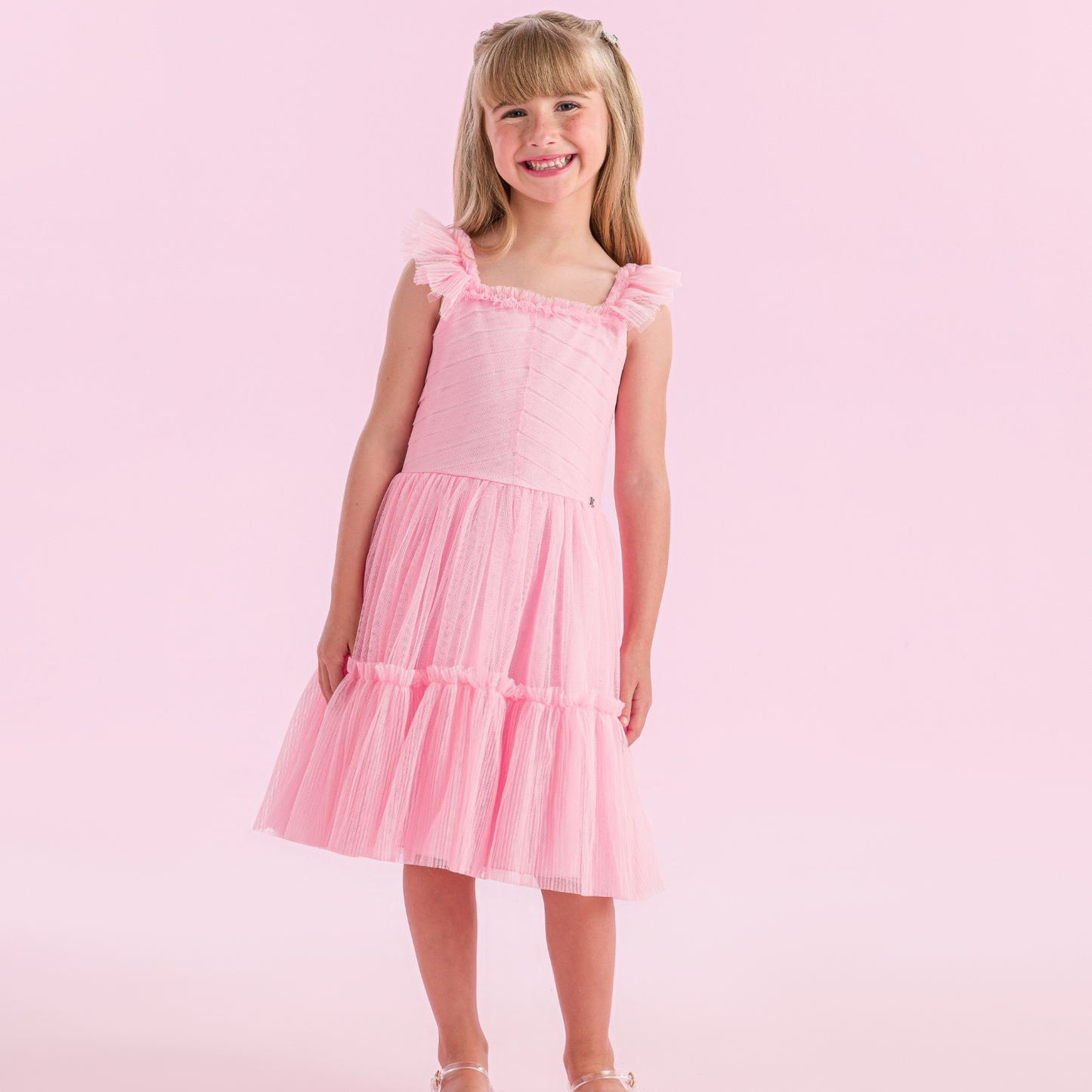 Vestido Infantil Tule Tomas e Plissado Rosa - Petit Cherie