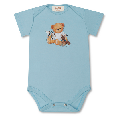 Body Bebê Suedine Algodão Teddy Cachorrinhos Azul - Dame PRÉ-VENDA