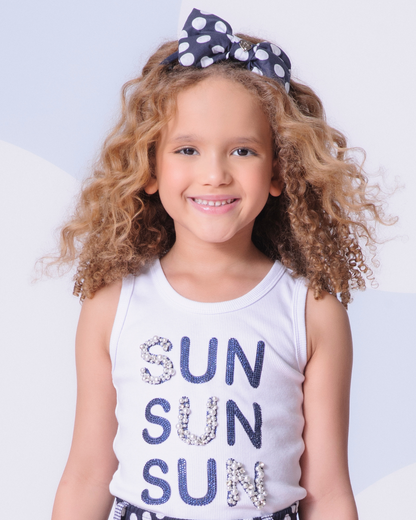 Conjunto Infantil Regata Sun Bordados Saia-shorts Jeans Babados Strass - Pituchinhus