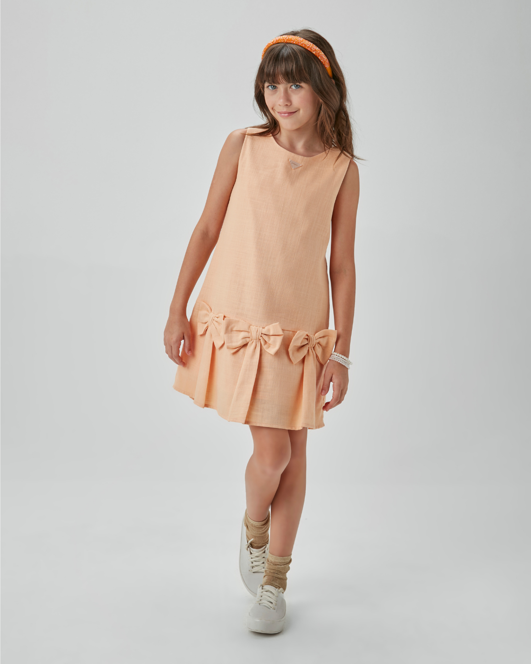 Vestido Infantil Jumper Algodão Laços Pêssego - Um Mais Um