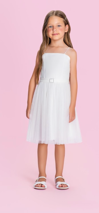 Vestido Infantil Alças Finas Saia Em Tule Off White - Petit Cherie