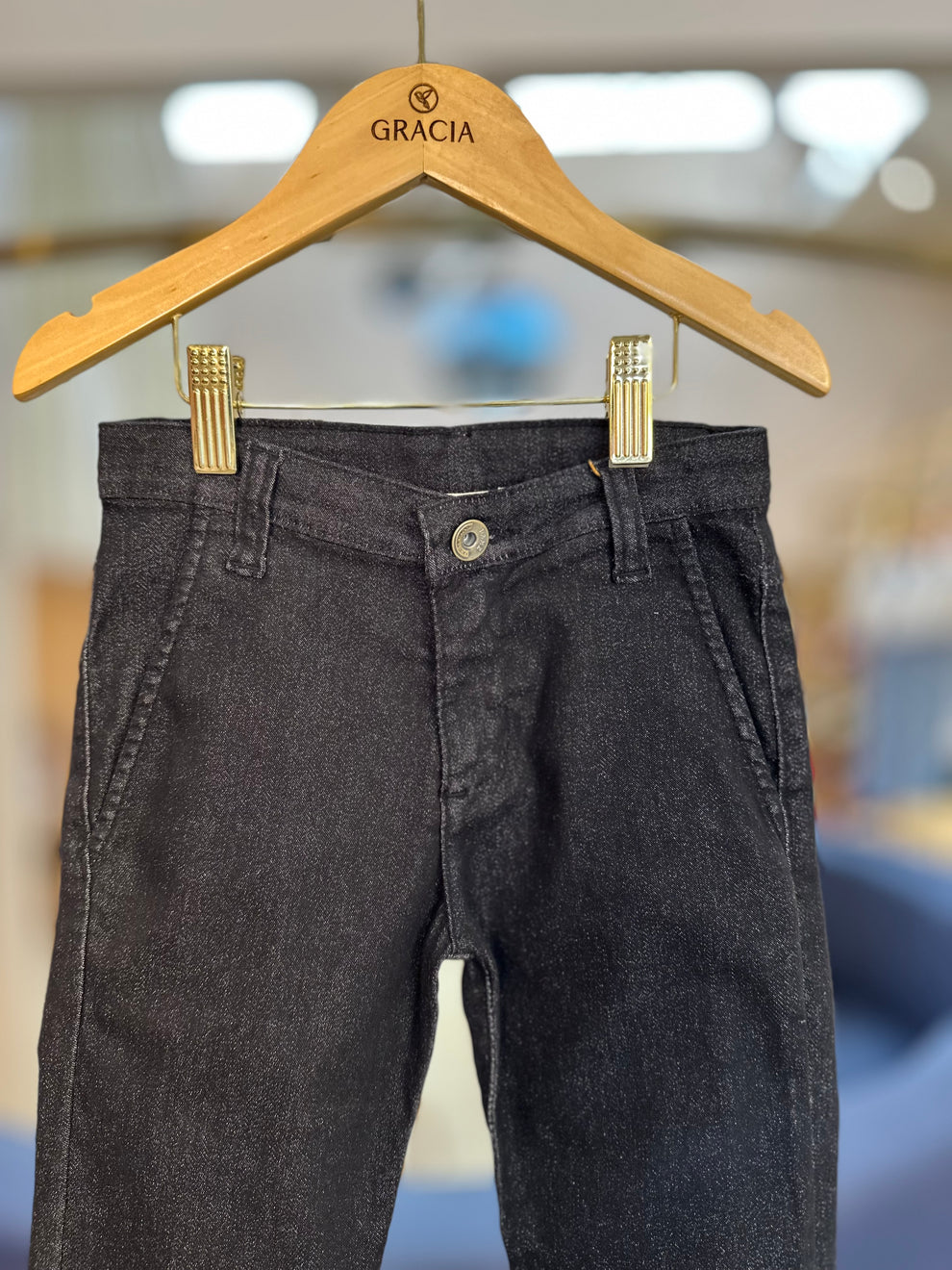 Conjunto Infantil Camisa Tricoline Azul e Calça Social Sarja Flex Preta - Dame