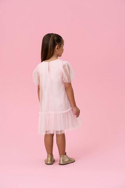 Vestido Infantil Trapézio Busto Bordado Corações Rosa - Mon Sucré