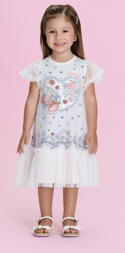 Vestido Infantil Malha Cotton Com Tule Strawberry - Petit Cherie