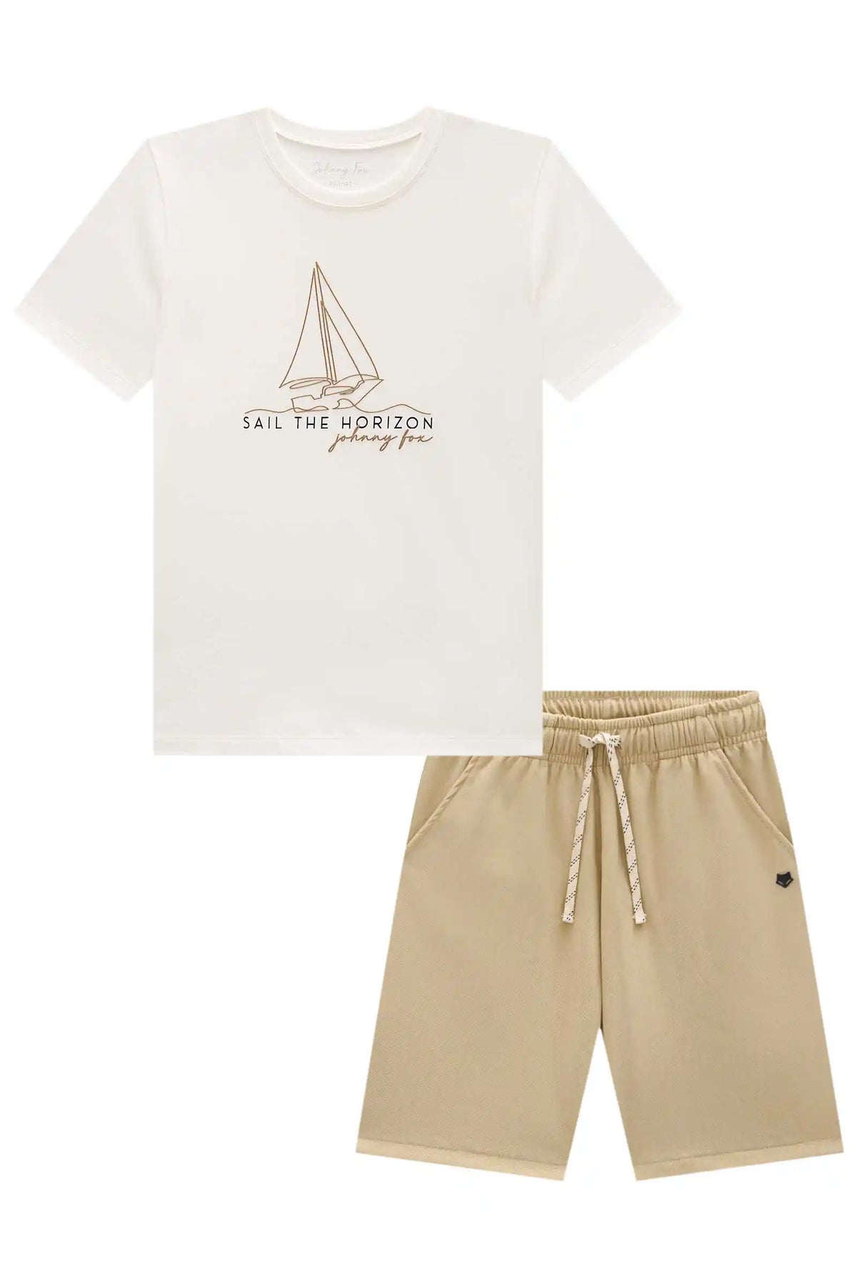 Conjunto Infantil Camiseta Estampa de Barco e Bermuda Off-White - Little Johnny