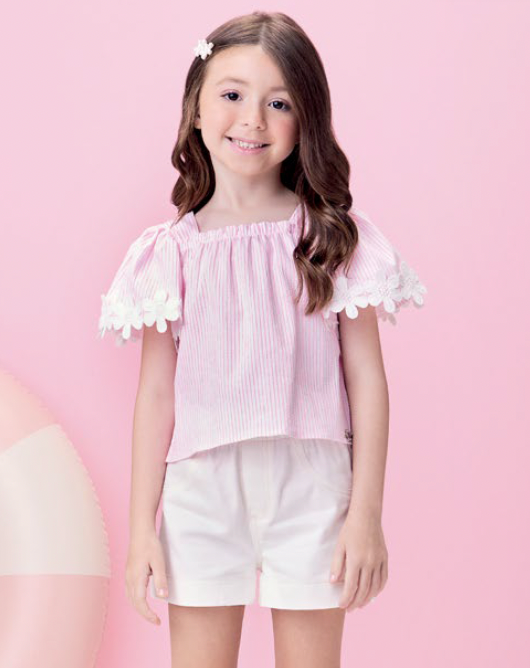 Conjunto Infantil Blusa Anarruga Bordado Flores e Shorts Off - Momi PRÉ-VENDA