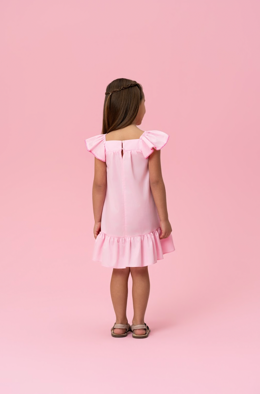 Vestido Infantil Amplo Rosa Bordadinhos Flores Busto - Mon Sucré