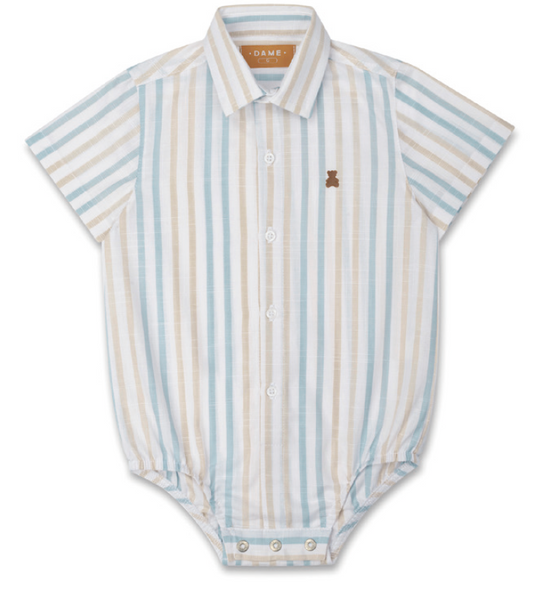 Conjunto Bebê Camisa-body Listras Azul/Amarelo e Calça Sarja de Algodão Bege - Dame PRÉ-VENDA