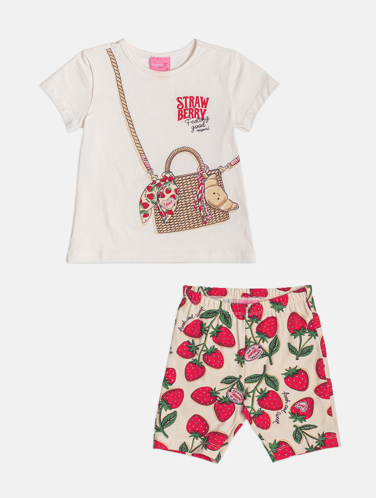 Conjunto Infantil Blusa Off White com Estampa de Blosa Legging Estampa de Morangos - Momi