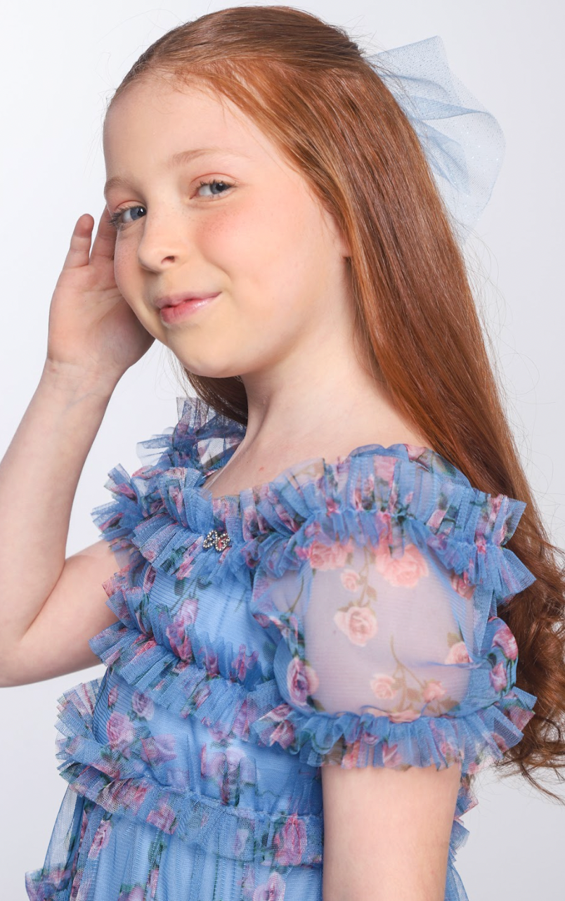 Vestido Infantil Midi Tule Floral Azul Babados - Luluzinha