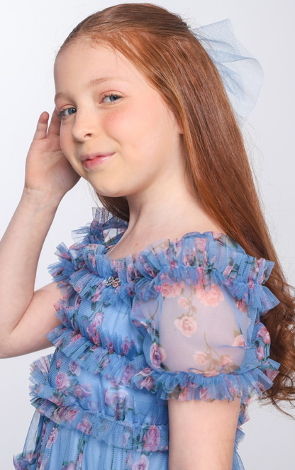 Vestido Infantil Midi Tule Floral Azul Babados - Luluzinha