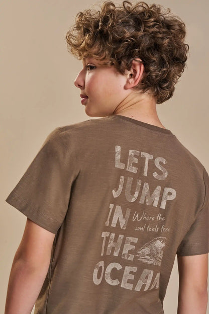 Conjunto Infantil Camiseta Marrom e Bermuda Sarja Off White - Little Johnny