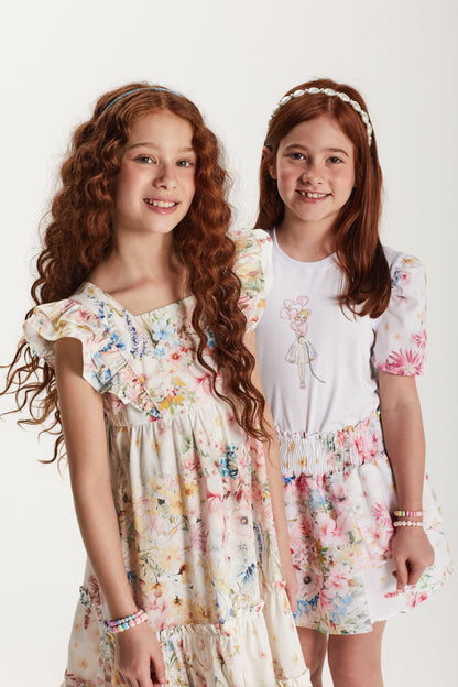 Conjunto Infantil Blusa Manga Floral e Saia Floral- Um Mais Um PRÉ-VENDA