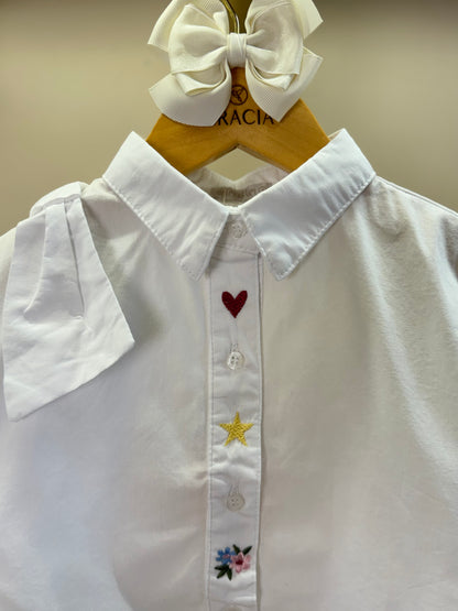 Camisa Infantil Cropped Tricoline Bordada Branca - Um Mais Um