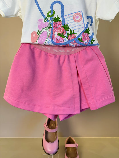 Conjunto Infantil T - Shirt Estampa Strawberry e Shorts Saia Rosa - Animê