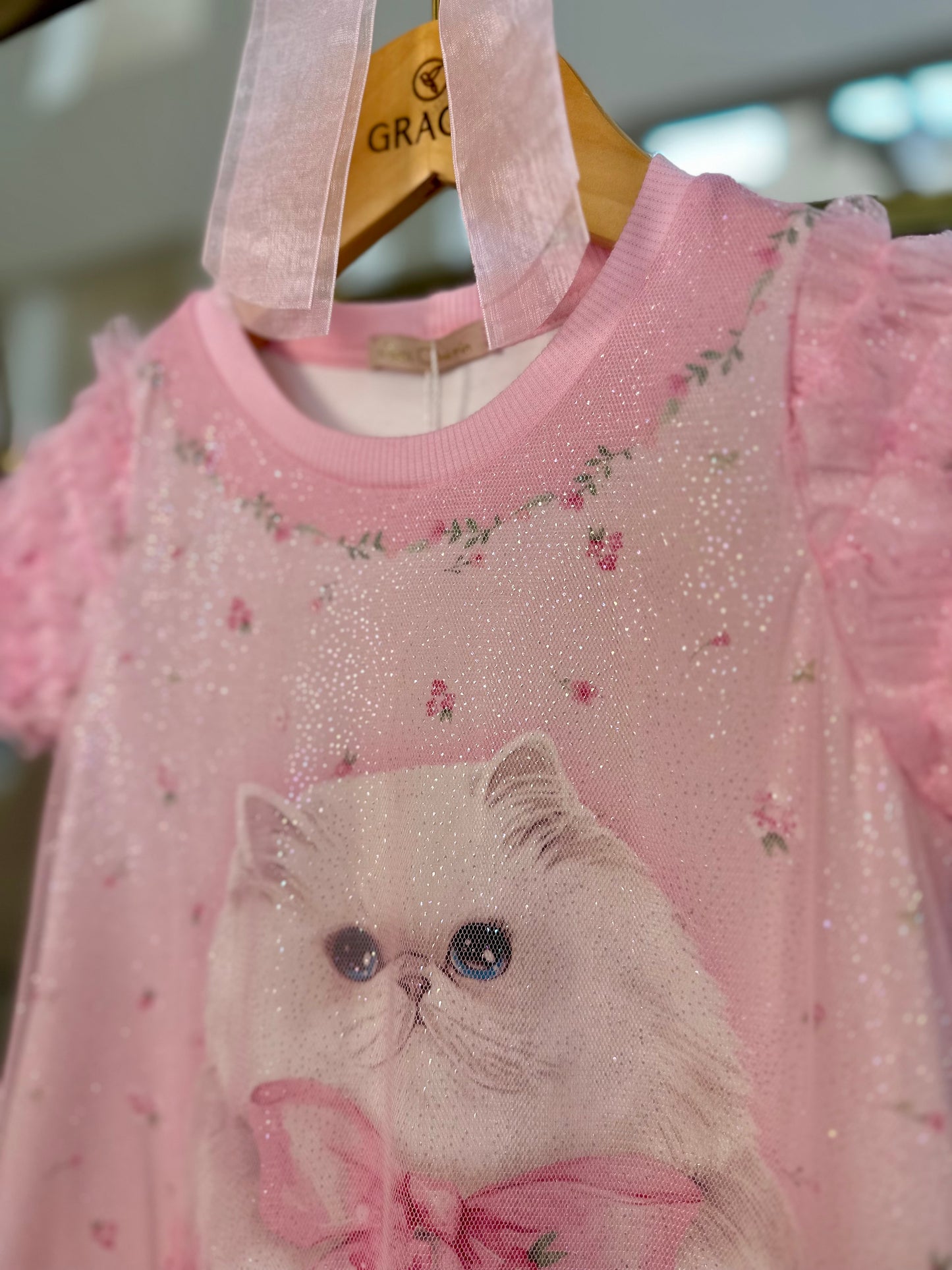 Vestido Infantil Trapézio Gatinho Tule Rosa - Petit Cherie