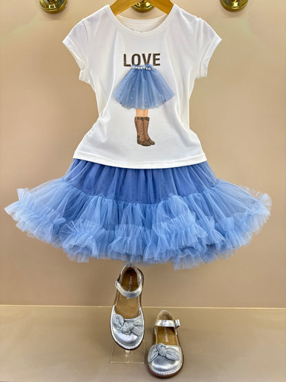 Conjunto Infantil Blusa Cotton Off White Love E Saia Tule Azul Fru-Fru - Pituchinhus