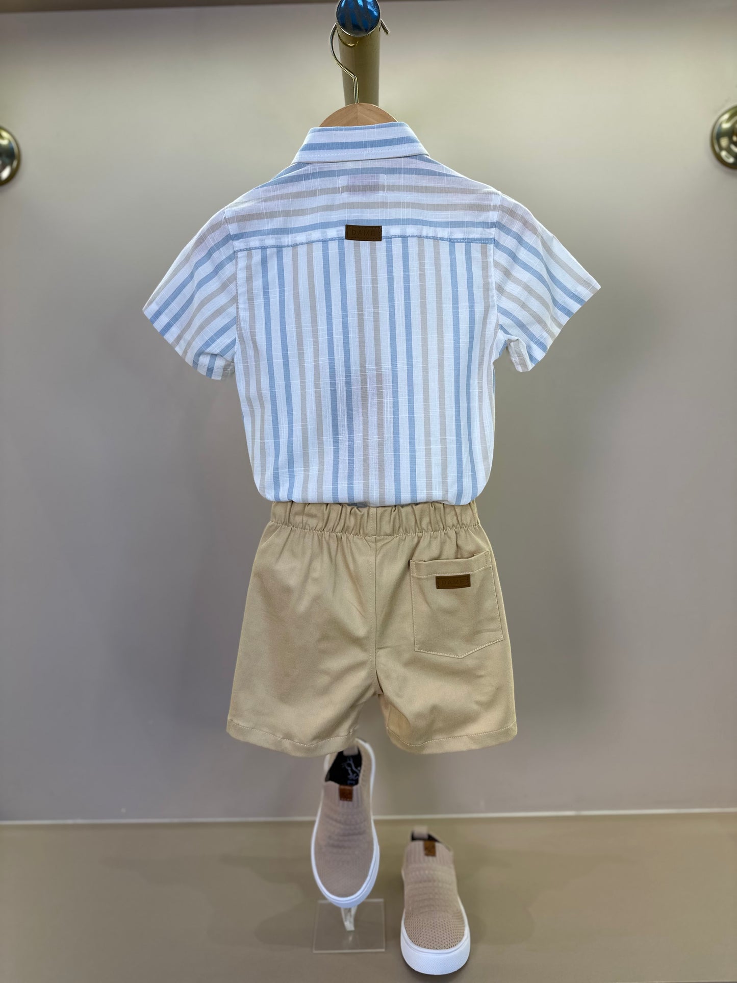 Conjunto Bebê Camisa-body Algodão Listras Azul/Amarelo e Bermuda Social Bege - Dame