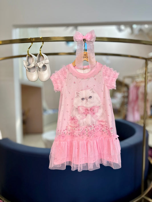 Vestido Infantil Trapézio Gatinho Tule Rosa - Petit Cherie