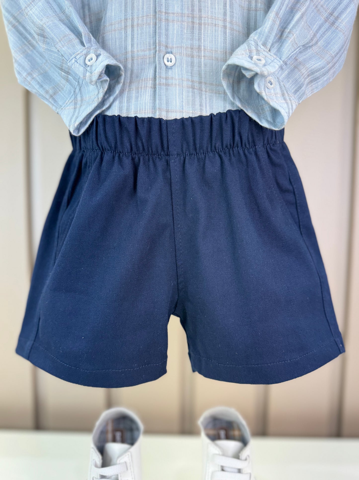 Conjunto Bebê Camisa-Body Algodão Xadrez ML Azul e Bermuda Social Marinho - Dame