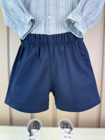 Conjunto Bebê Camisa-Body Algodão Xadrez ML Azul e Bermuda Social Marinho - Dame