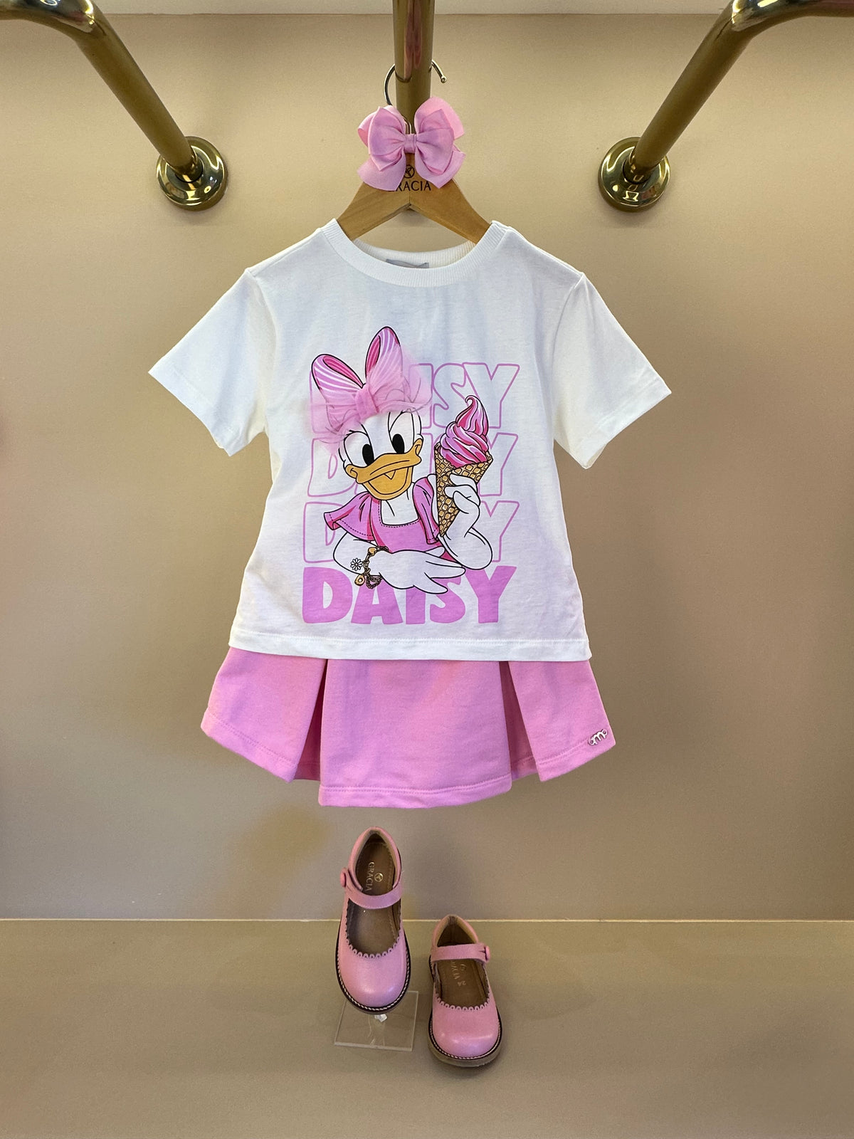 Conjunto Infantil Blusa Daisy Duck Com Laço e Shorts Saia Com Cós de Elástico - Momi